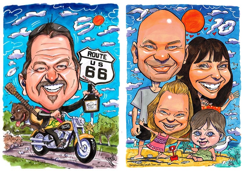caricature of a man riding a Harley and family at the beach by caricature artist Spratti