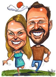 caricature couple walking by Spratti