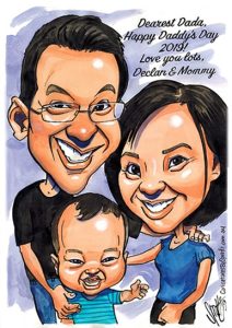 Family caricature of three for Father's Day by Spratti